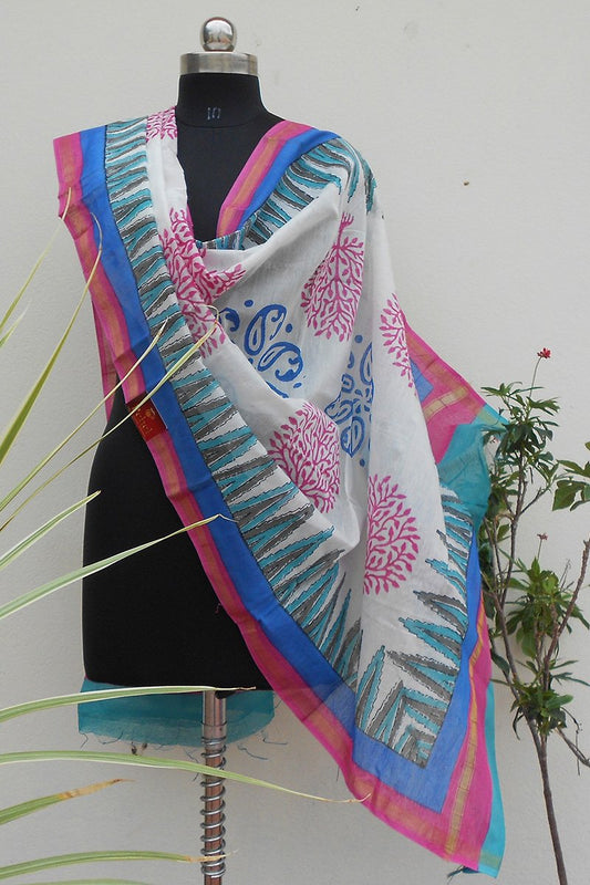 White & blue handpainted dupatta - STUDIO PEHEL