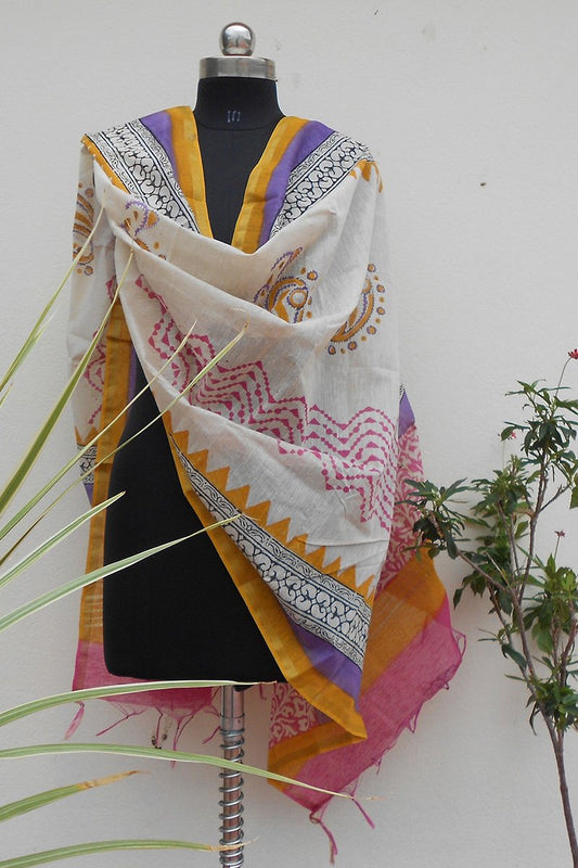 Ivory Violet Handpainted chanderi dupatta - STUDIO PEHEL