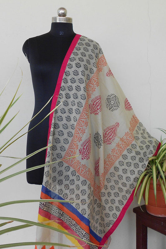 Pink bordered Handpainted chanderi dupatta - STUDIO PEHEL 