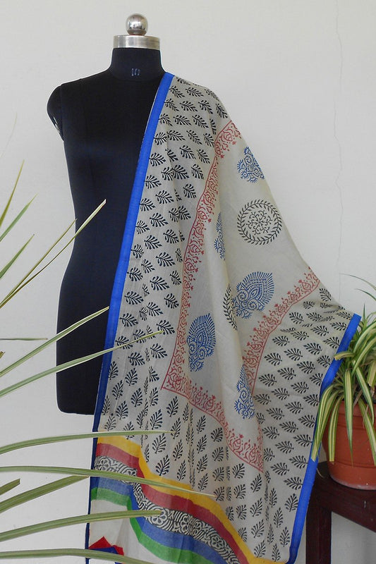 Coral blue bordered Handpainted chanderi dupatta - STUDIO PEHEL 