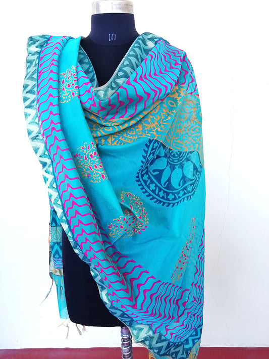Teal Chanderi Handpainted Dupatta - STUDIO PEHEL