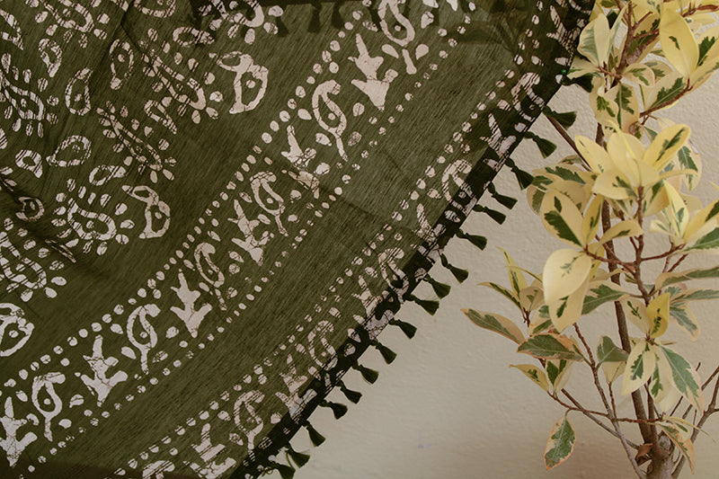 Madhubani Silk Royal Green Batik print saree