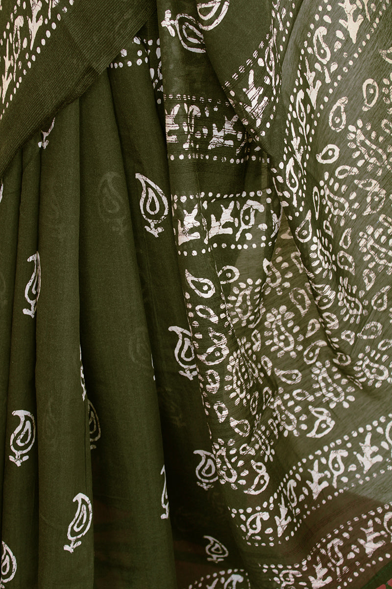Madhubani Silk Royal Green Batik print saree