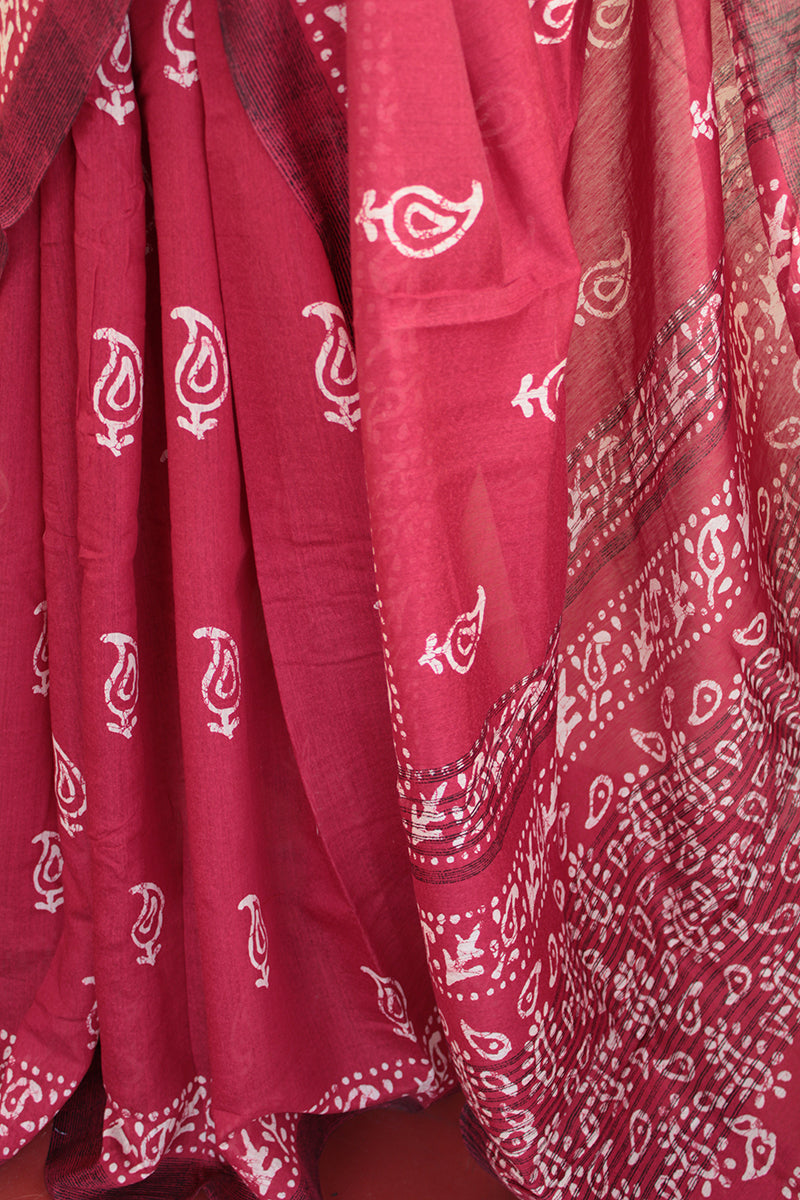 Madhubani Silk Burgundy Batik print saree