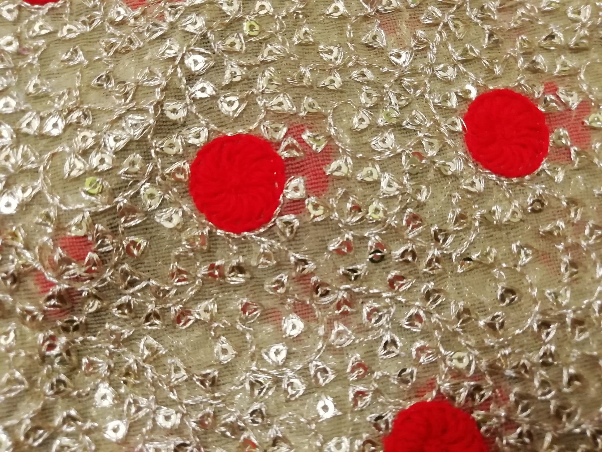 Gold/red polka Heavy embroidered net fabric - STUDIO PEHEL 