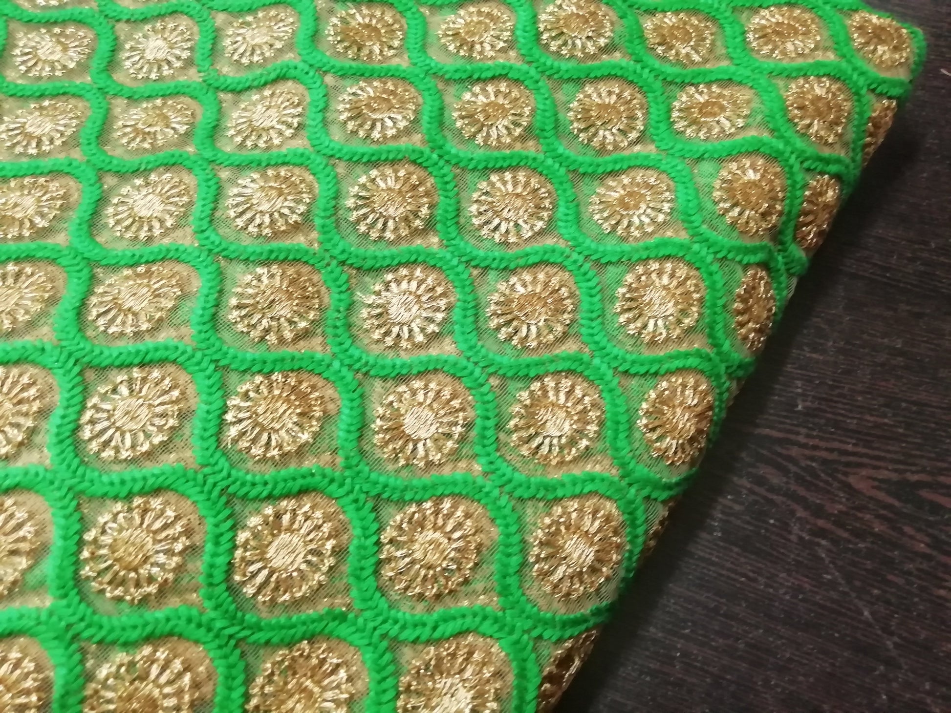 Gold/parrot green Heavy embroidered net fabric - STUDIO PEHEL 