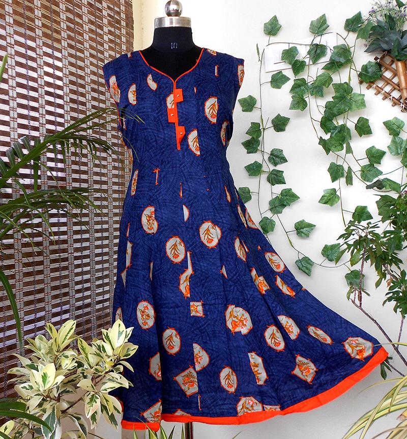 Aastha Blue orange pannelled cotton kurti - STUDIO PEHEL 