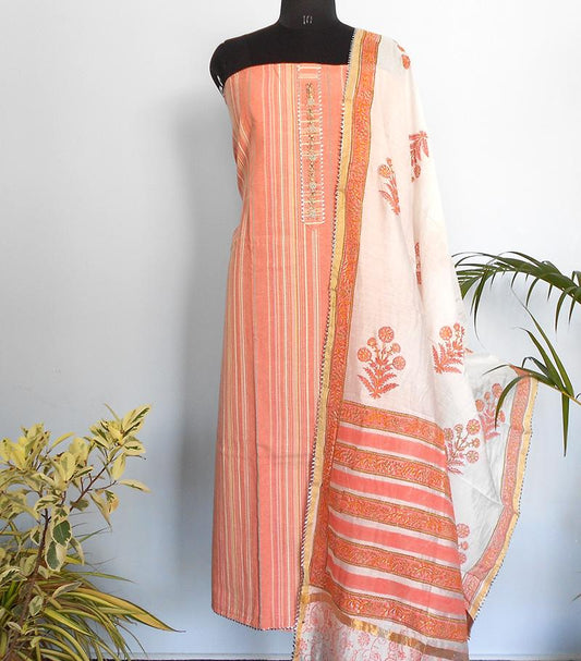 Ikkat striped salwar set- Peachy orange - STUDIO PEHEL 